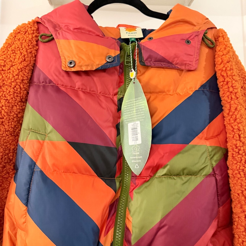 Farm Rio Juliana Stripes Puffer Jacket XS Hooded Crop Colorful Maximalist Boho - Picture 3 of 6